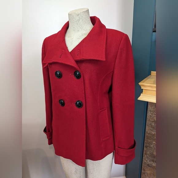 Red wool peacoat by designer Simon Chang. Size 11/12/L - Picture 3 of 12